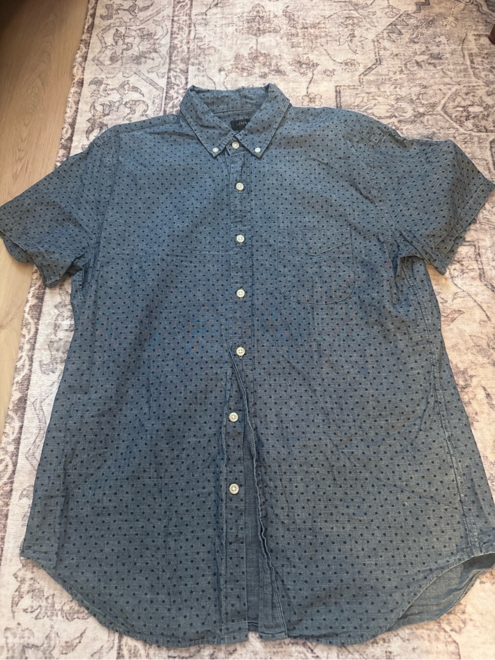 J Crew  Shirt Mens Large Short Sleeve Blue Polka Dot Button Down